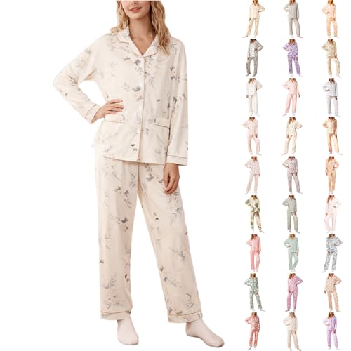 Womens Pyjama Sets Floral Print Loungewear Sets for Women Long Sleeve Shirt and Full-Length Bottom Pyjama Set Cozy Sleepwear Two Piece Outfit Elegant Home Wear Nightwear Ladies Loungewear