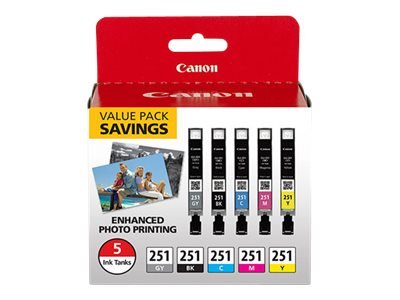 Canon Cli-251 Cmykgy 5-Ink Tanks Value Pack - 5-Pack - Gray, Black, Yellow, Cyan, Magenta - Original - Ink Tank