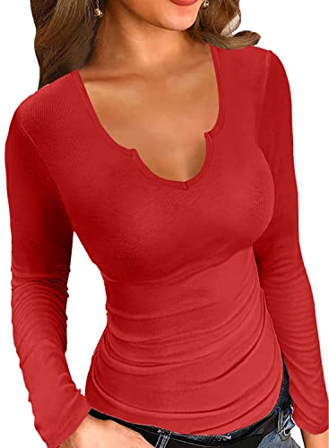 SANDERY Long Sleeve Shirts for Women Casual V Neck Tops Basic Ribbed Slim Fitted Cute Blouse Red S at Amazon