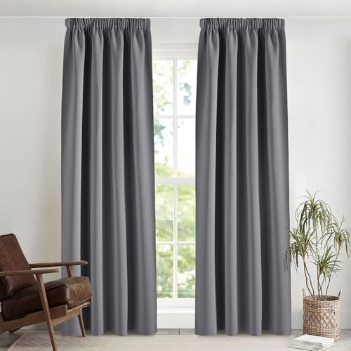 PONY DANCE 90% Blackout Curtains with Ruffle Tape for Rail, Set of 2, H 245 x W 140 cm, Thermal Curtain Against Heat, Bedroom Curtains and Curtains, Grey Opaque Curtains for Living Room