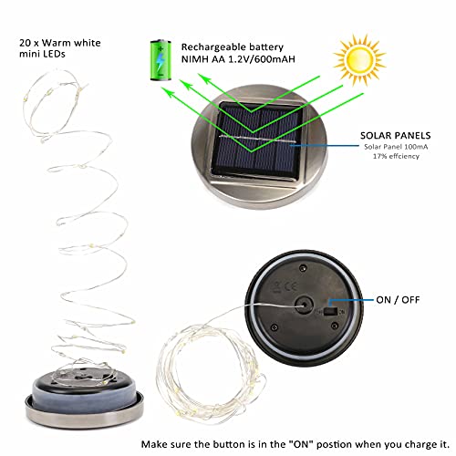 Joyathome Solar Lantern Fairy Lights, Frosted Glass Mason Jar Warm White 20 LED String Lights Outdoor Hanging Decoration for Table Tree Garden Yard