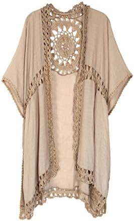 KW Fashion Women's Crochet Back Emblem Kimono, One Size (Taupe)