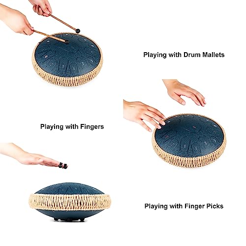 HOPWELL Steel Tongue Drum - 13 Inches 15 Notes Tongue Drum - Hand Pan Drum with Music Book, Handpan Drums Mallets and Carry Bag, D Major (Navy Blue)