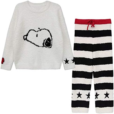 Women’s Pajamas, Loungewear, Top and Bottom Set, Fluffy, Long Sleeve, Loungewear, Cold Protection, Fleece-Lined, Warm, Cute, Soft, Skin-friendly, Snoopy Print, Sleepwear, Autumn and Winter