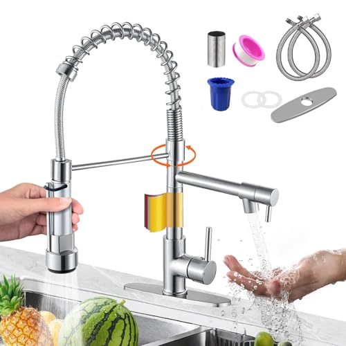 Grifo Mezclador para Fregadero de Cocina, Acero Inoxidable, Monomando con Rociador Retráctil 360°, Estilo Moderno, Negro Mate, 2 Salidas con Mangueras Incluidas