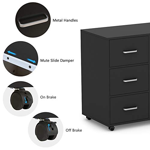 Tribesigns 3 Drawer Wood File Cabinets, Large Modern Lateral Mobile Filing Cabinets Printer Stand with Wheels, Open Storage Shelves for Home Office Study Bedroom (Black)