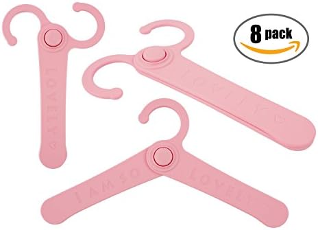 Push Button Foldable Clothes Hangers for Home and Travel Heavy Duty Plastic Clothes Organizer Various Colors 2 Sizes Set of 8 (For Kids, Pastel Pink)