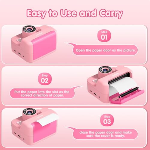 ASTGMI Children's Instant Camera, 2.4 Inch 1080P Children's Selfie Camera with Printing Paper and 32GB Card, Toy Christmas Gift Boy and Girl 3 4 5 6 7 8 Years (Pink)