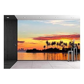 Sunset at The Seaside with Dark Silhouettes of Palm Trees and Amazing Cloudy Sky - Removable Wall Mural | Self-Adhesive Large Wallpaper - 66x96 inches