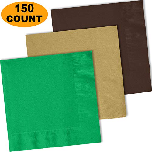 150 Lunch Napkins, Emerald Green, Glittering Gold, Brown - 50 Each Color. 2 Ply Paper Dinner Napkins. 6.5" folded, 13.5" unfolded.