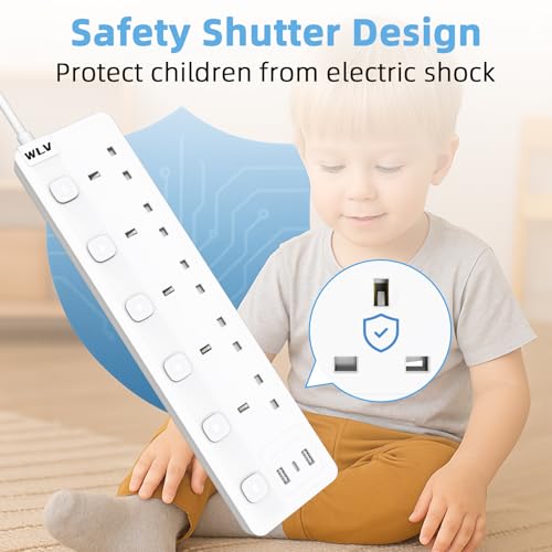 WLV Extension Lead 3M, 5 Plug Extension Lead with 3 USB Slots, Plug Extension Socket with Individually Switch, White Wall Mounted Power Strip for Dorm, Kitchen, Living Room, Bedroom