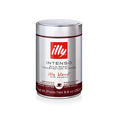 ILLY INTENSO GROUND ESPRESSO COFFEE, BOLD ROAST, INTENSE, ROBUST AND FULL FLAVORED WITH NOTES OF DEEP COCOA, 100% ARABICA COFFEE, NO PRESERVATIVES, 8.8 OUNCE CAN (PACK OF 1)