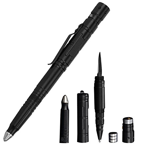 Zhaoyun 4 in 1 Aircraft Aluminum Tactical Pen Survival Kit with LED Flashlight Glass Breaker Writing for Self Defense,Black