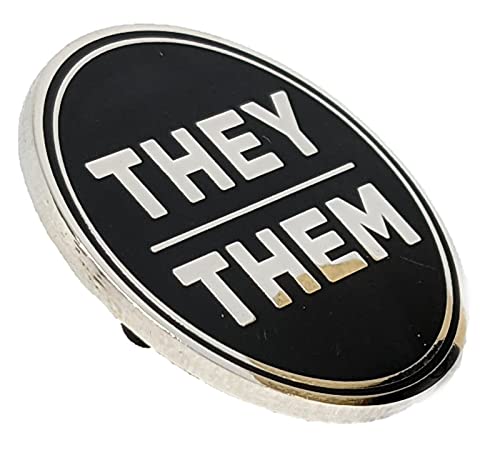 They Them Pronoun Pin Silver and Black Circular Hard Enamel Nonbinary Pronoun Button Badge