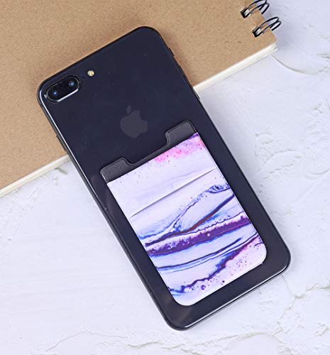2Pack Phone Card Holder Stretchy Lycra Stick on Wallet Pocket Credit Card ID Case Pouch Sleeve 3M Adhesive Sticker for Back of iPhone Samsung Galaxy Android Smartphone-Sand Marble Purple Double Pocket