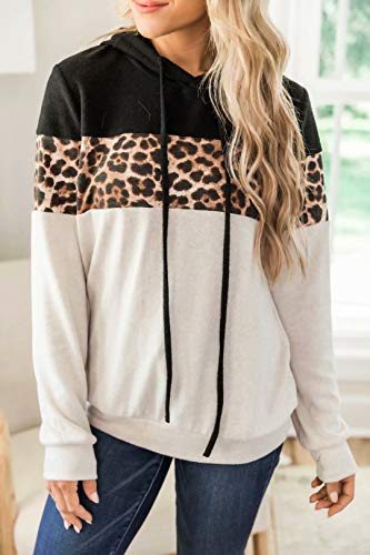OWIN Women\'s Color Block Sweatshirt Leopard Hoodie Long Sleeve Drawstring Lightweight Pullover Tops