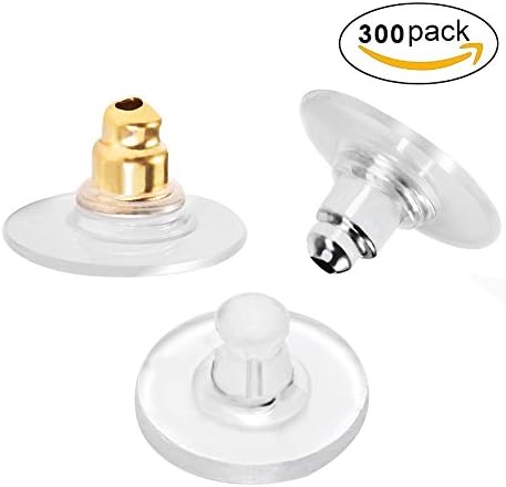 Auzeuner 150 Pairs Earring Safety Backs, Bullet Clutch Earring Backings Plastic Rubber Earring Stopper Findings with Pad, Silver, Gold and Clear (50 Pairs Each)