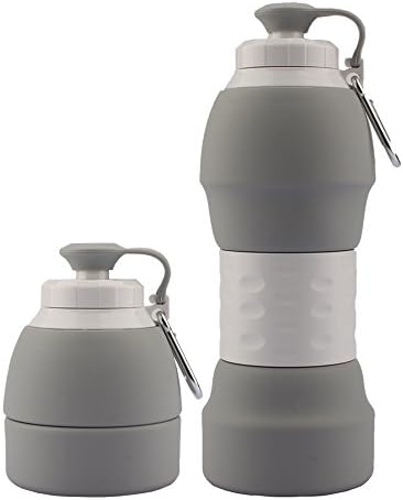 Uyue Collapsible Water Bottle - Foldable Silicon Sports Outdoor Travel Camping Bottles with Carabiner Pocket Sized BPA Free - 20 oz (Grey)