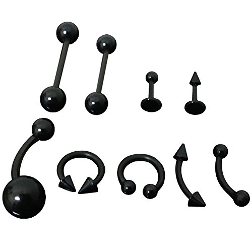 CrazyPiercing 9PCS Clear UV Flexible Acrylic Body Piercing Jewelry Kit Set for Tongue Barbells Earring Eyebrow Tongue Nipple Lip Belly Button Ring Stud 14G 16G (Black)