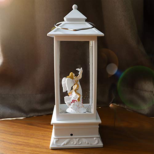 QTKJ USB and Battery Operated Cute Angel Night Lamp Spinning Water Lantern Snow Globe Lantern for Desk, Room Decoration Gifts (White)