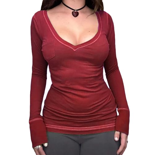 Women Y2k Striped Slim Tee Teen Girls Fairy Grunge Long Sleeve Knit Top Harajuku Aesthetic Fall Vintage Shirt(Apple Red,L) at Amazon