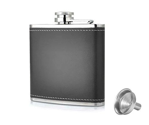 MENZY Stitched Leather and Stainless Steel Hip Flask with Funnel Bottle for Men (Black, 210ml)