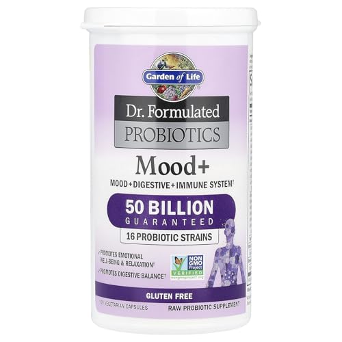 Garden of Life Dr. Formulated Probiotics Mood+ - Acidophilus Probiotic Supplement - Promotes Emotional Health, Relaxation, Digestive Balance, Gluten Free - 60 Vegetarian Capsules *Packaging May Vary*