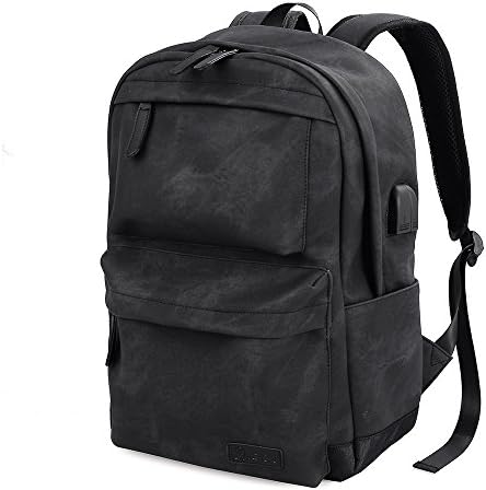 Douguyan PU Leather Backpack Casual School College Bag Book Bags Laptop Daypack Rucksack for Men and Women with USB and Earphone Port