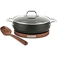 All-Clad HA1 Hard Anodized Nonstick Sauteuse Pan with Acacia Trivet and Spoon 4 Piece, 4 Quart Induction Oven Broiler Safe 500F, Lid Safe 350F Pots and Pans, Cookware Black