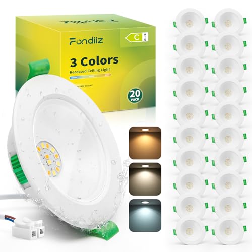 Fondiiz Pack of 20 68mm LED Recessed Spotlight 4W Warm White 3000K Neutral White 4500K Cool White 6000K Adjustable, IP44 Recessed Bathroom Lighting Energy Saving for Kitchen
