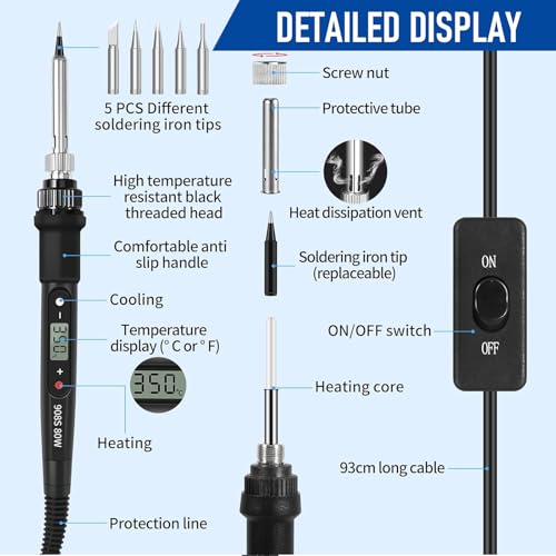 Tin Soldering Iron 80W Professional, 15 in 1 Kit with Adjustable Temperature 180-500°C, 5 Replacement Tips, On/Off Switch, for Soldering and Electronic Repair