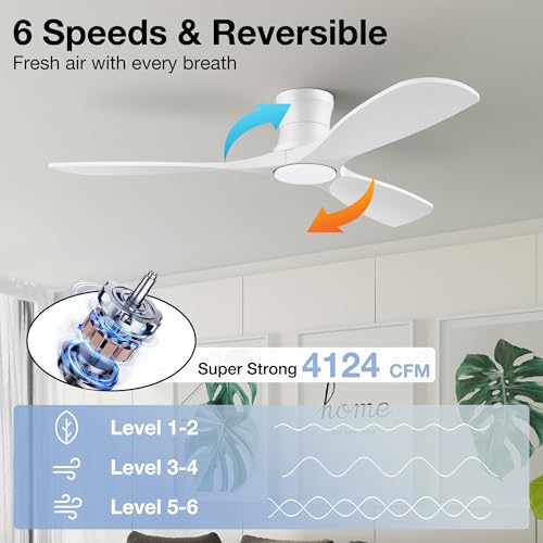 52” Smart Wood Ceiling Fans with Lights Remote,Low Profile Flush Mount Ceiling Fan with Alexa App Control,3 White Blades,Outdoor Indoor Use for Modern Bedroom Patio,Dimmable LED,6-speed,Quiet DC Motor