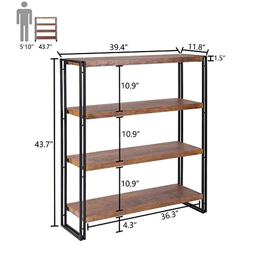 FIVEGIVEN 4 Tier Bookshelf Rustic Industrial Bookcase with Modern Open Wood Shelves, Brown