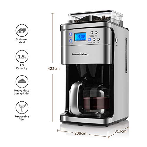 Bonsenkitchen Cafetera Expresso y Capuccino, 15 BAR de presión, ModoAuto 1  y 2 Cafés, Vaporizador Orientable, depósito 1,5 L, 850 W, CM8008 - PREYCA