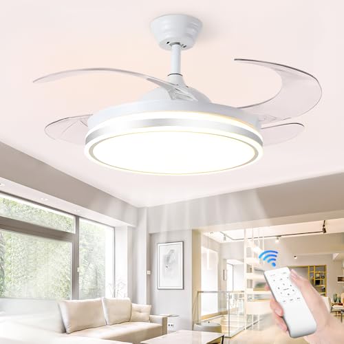 Ventilador de Teto 107CM Branco, Inverter de 6 Velocidades, Ventilador de Teto com Controle Remoto, 4 Pás, Diâmetro da Lâmpada 49cm, Controle Remoto, LED 72W 3 Cores Altermáveis