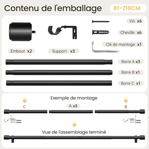 DEFYNEE Curtain Rod 81-218 cm Matt Black, Diameter 25 mm, Metal Rod for Eyelet Curtains, Extendible Ideal for Bedrooms, Living Rooms & French Doors