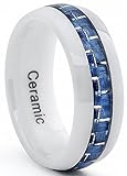 White Ceramic Men's Wedding Band With Blue Carbon Fiber Inlay, Comfort Fit Ring, 8mm Sizes 5 to 15