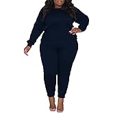 HBQ Plus Size Two Piece Outfits For Women Casual Round Neck Jogging Sets Long Sleeve Tracksuit With Pockets