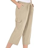 Women's Elastic Waist Cargo Pocket Capri Pant, Khaki, Medium