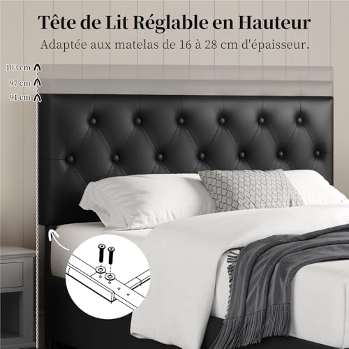 Yaheetech Bed Frame with Upholstered Headboard, Adjustable Height 140 x 200 cm, Beds Chests with Drawers, Slatted Base Double Metal Legs