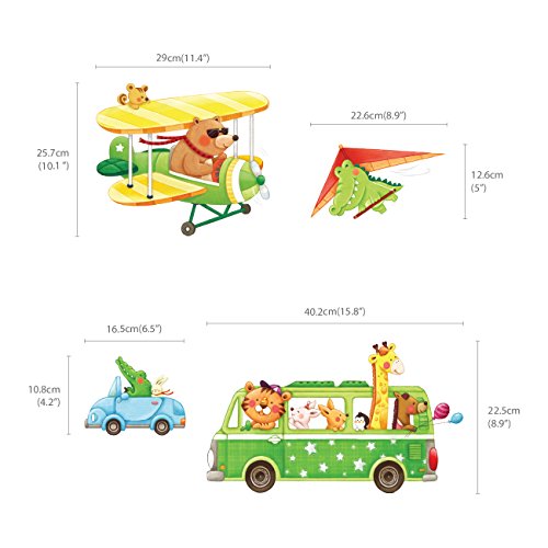 DECOWALL DAT-1806P1506C Animal Transports and Biplanes with Hang Glider Wall Stickers Kids Wall Stickers Wall Decals Peel and Stick Removable Wall Stickers for Kids Nursery Bedroom Living Room