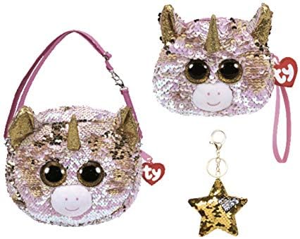 ReBL LLC Bundle of TY Fashionable Gear Color Changing Glitzy Glam Sequins Plush Purse and Matching Wristlet with One Heart Or Star Sequin Keychain (Fantasia)