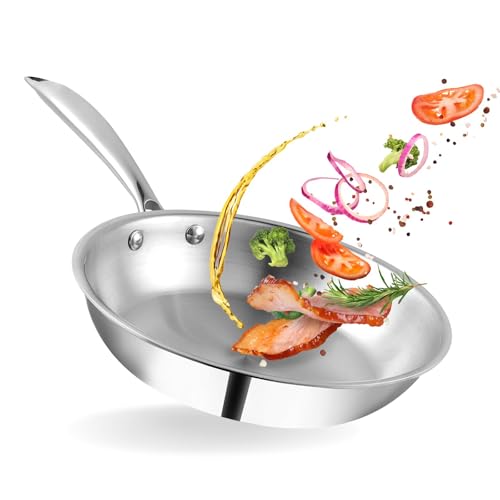 Frigideira Inox, Frigideira Aço Inox Professional Rasa com Fundo Triplo e Cabo, 21.6 cm 1,5 L, Sem Revestimento de Teflon, Compatível com Indução, Gás, Elétrico e Vitrocerâmico, Fácil Limpeza