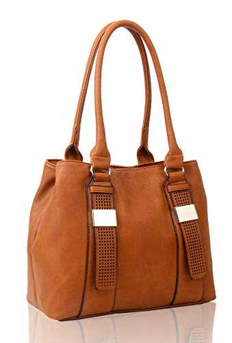 Women's Double Compartments Spacious Faux Leather Large Size Tote Bag Hobo Shopper Handbag (Brown)