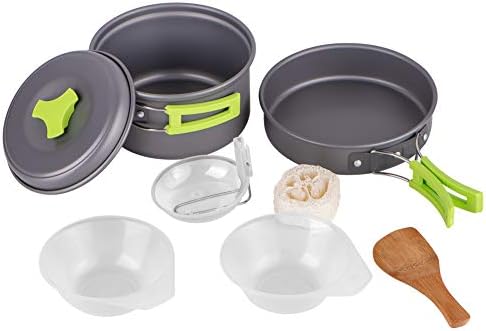 Camping Cookware Mess Kit - Lightweight Pan Pot Bowls - 9 Pieces Outdoor Cooking Equipment Set - Portable for Hiking Picnic Fishing Mountaineering
