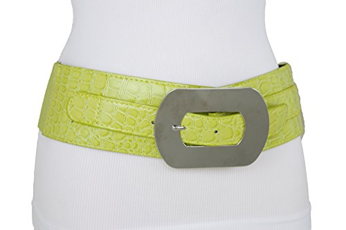 TFJ Women Wide Elastic Belt Hip Waist Silver Metal Square Buckle M L Bright Green