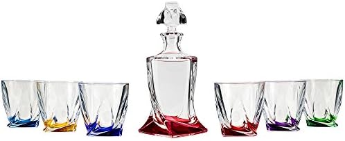 Bohemia Crystal, 28 Oz. Crystal Decanter & Six 11 Oz. Classic Whisky Scotch Glasses with Multi Colored Base, Wedding Gift Carafe & Whiskey Tumblers, 1+6-Piece Set