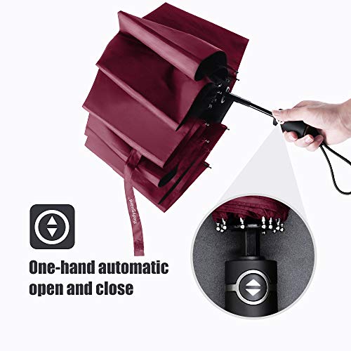Bodyguard Travel Umbrella, 10 Ribs Finest Windproof Umbrella with Teflon Coating, Auto Open Close and Upgraded Comfort Handle - Gift Leather Cover (Red)