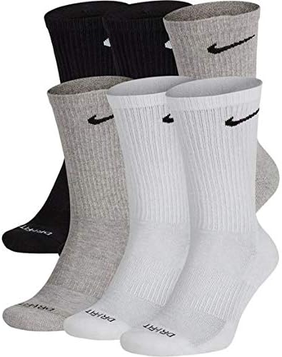 Dri-Fit Training Everyday PLUS MAX Cushioned Crew Socks 6 PAIR Black/Wolf Grey/White Mix Swoosh Logo LARGE 8-12