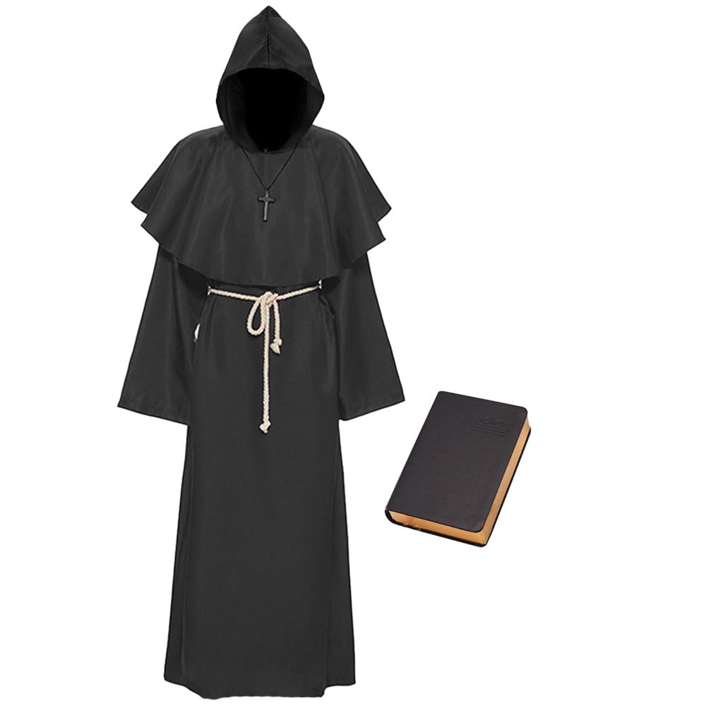 Harsever Monk Costume Adult Men,Medieval Friar Hooded Monk Cape Renaissance Priest Robe Costume Priest Robe Halloween Cross Fancy Dress (S)